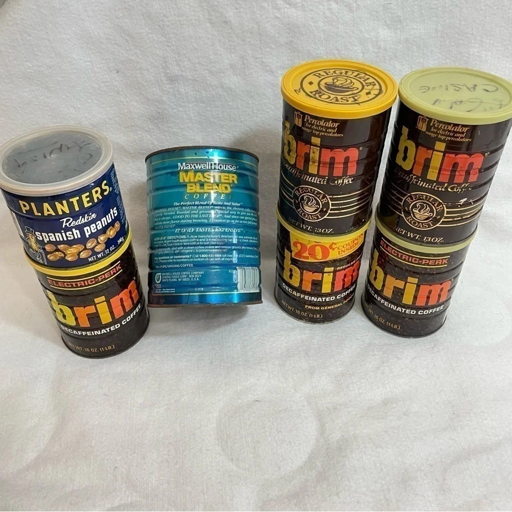 Vintage coffee cans from the 70s Brim, Maxwell House, Planters Peanuts 7 pieces